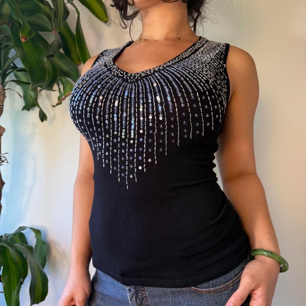 Cache Vintage 90s Y2K Sequin Beaded Sunburst Sleeveless Top Black Silver Small
